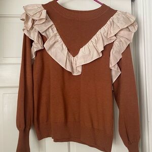 CROSBY by Mollie Burch Brown and Cream Ruffled Crew Neck Sweater